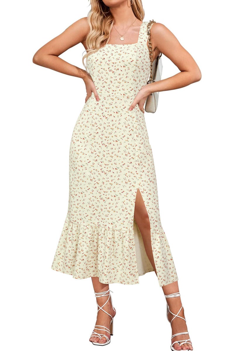 Newshows Womens 2025 Summer Beach Floral Midi Dress Spring Vacation Outfits Square Neck Ruffle Split Sundress(Red Orange Floral,M) - Image 1