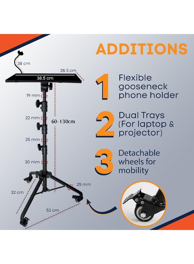 Hihonor Projector Stand with Wheels, Laptop Tripod Stand with Gooseneck Phone Holder, Mouse Tray, Sponge Pads and Elastic Belts, Adjustable from 23 inch to 51 inch, for Movie, Meeting, Book, DJ Equipment  - Image 2
