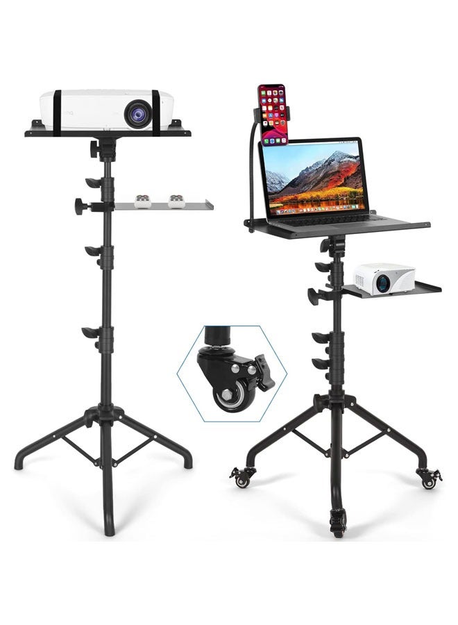 Hihonor Projector Stand with Wheels, Laptop Tripod Stand with Gooseneck Phone Holder, Mouse Tray, Sponge Pads and Elastic Belts, Adjustable from 23 inch to 51 inch, for Movie, Meeting, Book, DJ Equipment  - Image 1