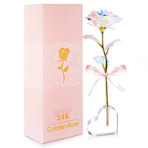 Beferr Birthday Gifts for Women Mom Galaxy Rose Glass Crystal Flowers with Heart-Shaped Base Eternal Roses Forever Flowers for Grandma Wife Sister Her Friends Kids, Colorful - Image 1