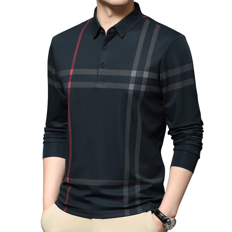 Womleys Mens Casual Striped Slim Fit Long Sleeve Collared T Shirt Polo Shirts (Green, Large) - Image 2