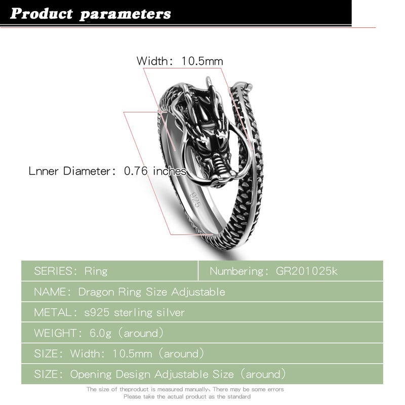 Dankadi Men Vintage Dragon Ring 925 Sterling Silver Open Punk Rings For Women Adjustable Rings Solid Silver Gothic Hip Hop Jewelry Gift (Classic style, Adjustable) - Image 3
