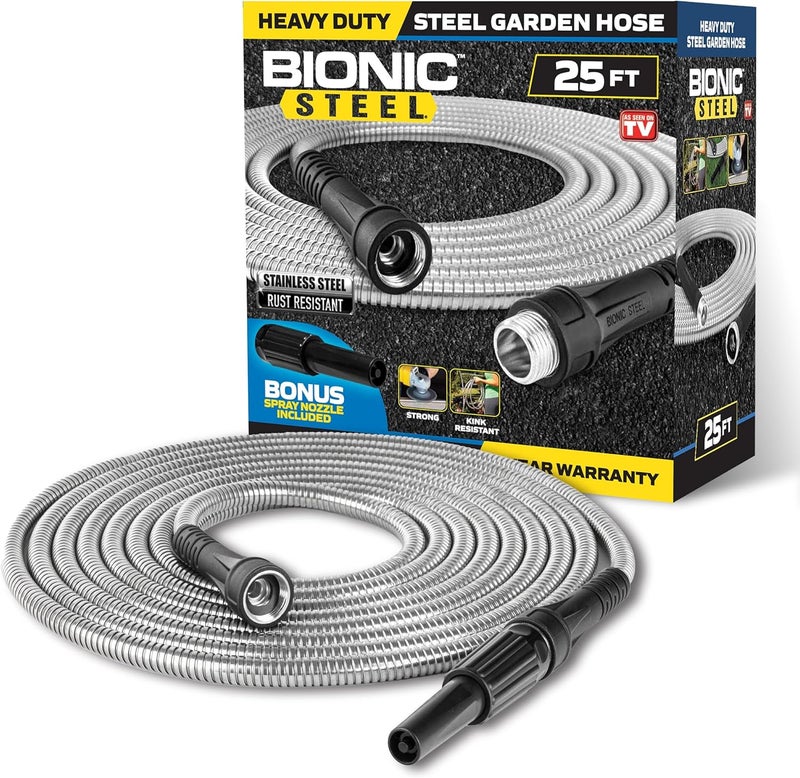BIONIC STEEL 25 Ft Metal Garden Hose with Nozzle, 25Ft x 5/8 In. Premium 304 Stainless Steel Metal Water Hose, Flexible Non Kinking, Lightweight, Heavy Duty, for Yard, Outdoor - Image 1