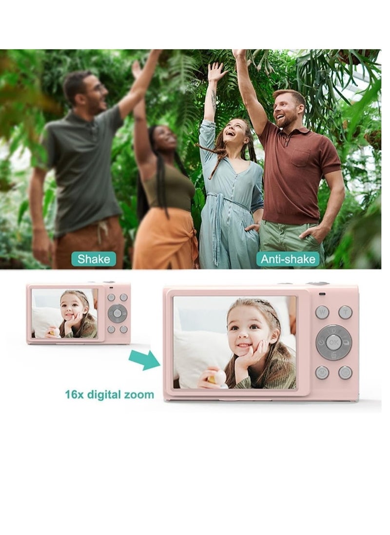 AMBERJACK Digital Camera, Upgraded FHD 2.7K Point and Shoot Kids Camera, with 32GB Card, 16X Zoom Time Stamp Anti Shake, Lanyard, Compact Portable Small, for Kid Starter Student Children Teen Girl Boy(Pink)  - Image 5