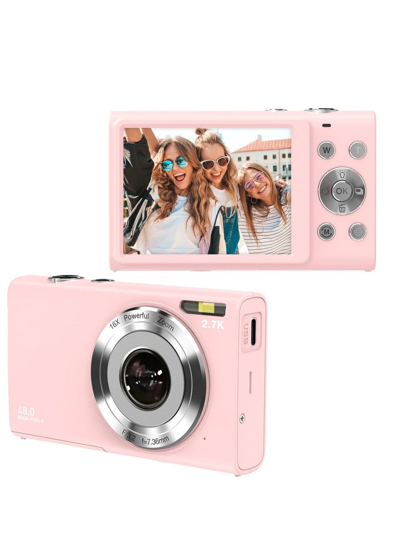 AMBERJACK - Digital Camera, Upgraded FHD 2.7K Point and Shoot Kids Camera, with 32GB Card, 16X Zoom Time Stamp Anti Shake, Lanyard, Compact Portable Small, for Kid Starter Student Children Teen Girl Boy(Pink) - Image 1