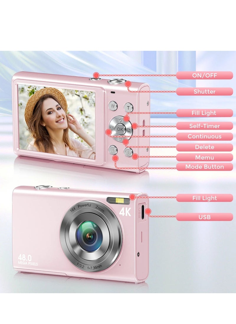 AMBERJACK - Digital Camera, Upgraded FHD 2.7K Point and Shoot Kids Camera, with 32GB Card, 16X Zoom Time Stamp Anti Shake, Lanyard, Compact Portable Small, for Kid Starter Student Children Teen Girl Boy(Pink) - Image 1