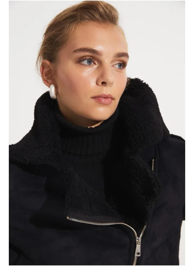JUNE June Furry Coat Black