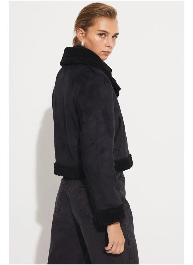 JUNE June Furry Coat Black