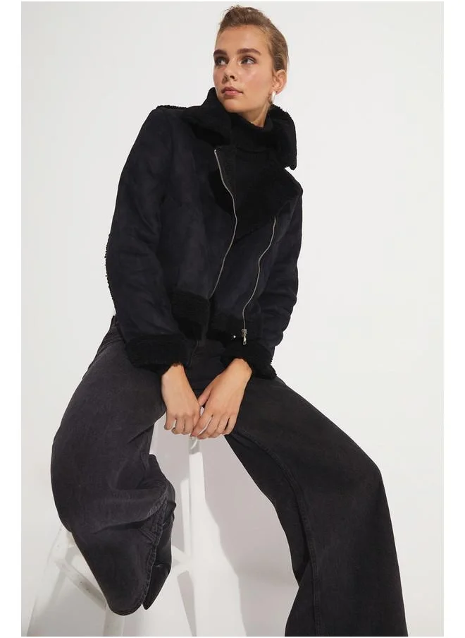 JUNE June Furry Coat Black