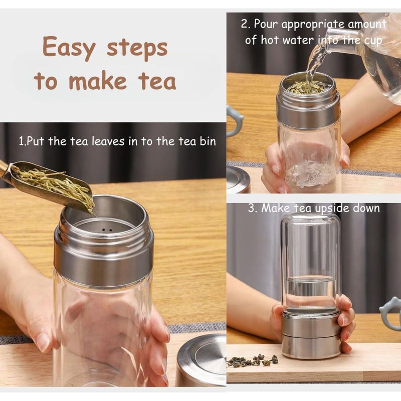 KitchAntique KitchAntique 300ML DoubleWall Glass Water Bottle Tea Water Separation Bottle with Stainless Steel Tea Infuser Perfect for Loose Tea Detox Fruit Water Travel Camping Gifting - Image 5