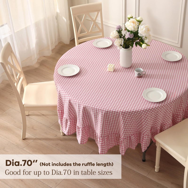 K MASANIJI 100% Cotton Pink Plaid Ruffled Table Cloth Round Cover, Dia.70 in Farmhouse Checker Gingham Vintage Decorative Tablecloth (Pink/White Plaid, Dia.70 inches) - Image 2
