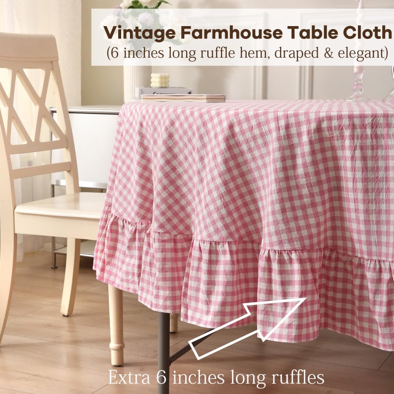 K MASANIJI 100% Cotton Pink Plaid Ruffled Table Cloth Round Cover, Dia.70 in Farmhouse Checker Gingham Vintage Decorative Tablecloth (Pink/White Plaid, Dia.70 inches) - Image 4
