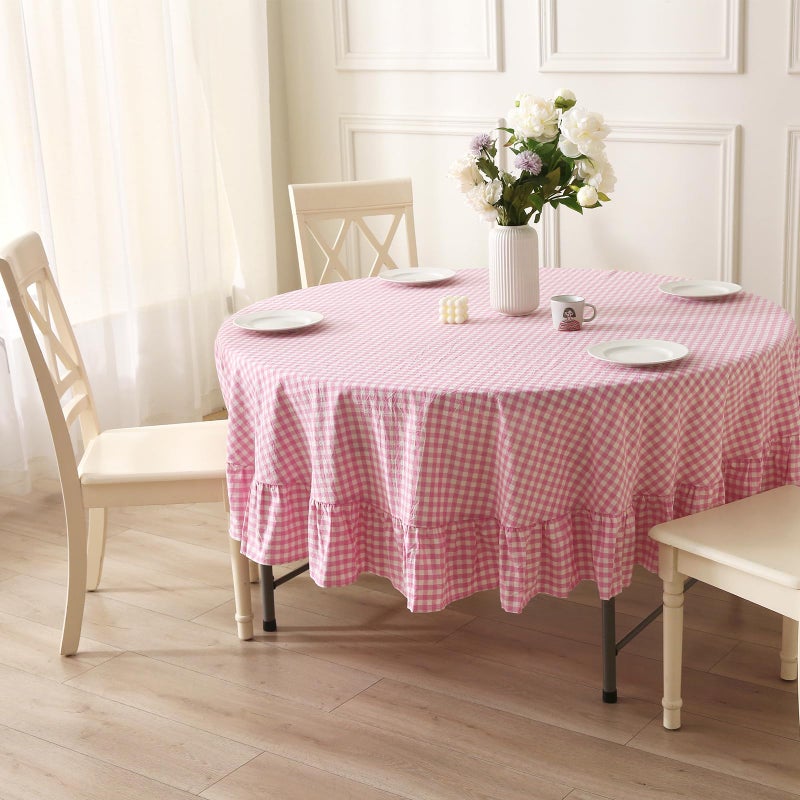 K MASANIJI 100% Cotton Pink Plaid Ruffled Table Cloth Round Cover, Dia.70 in Farmhouse Checker Gingham Vintage Decorative Tablecloth (Pink/White Plaid, Dia.70 inches) - Image 3