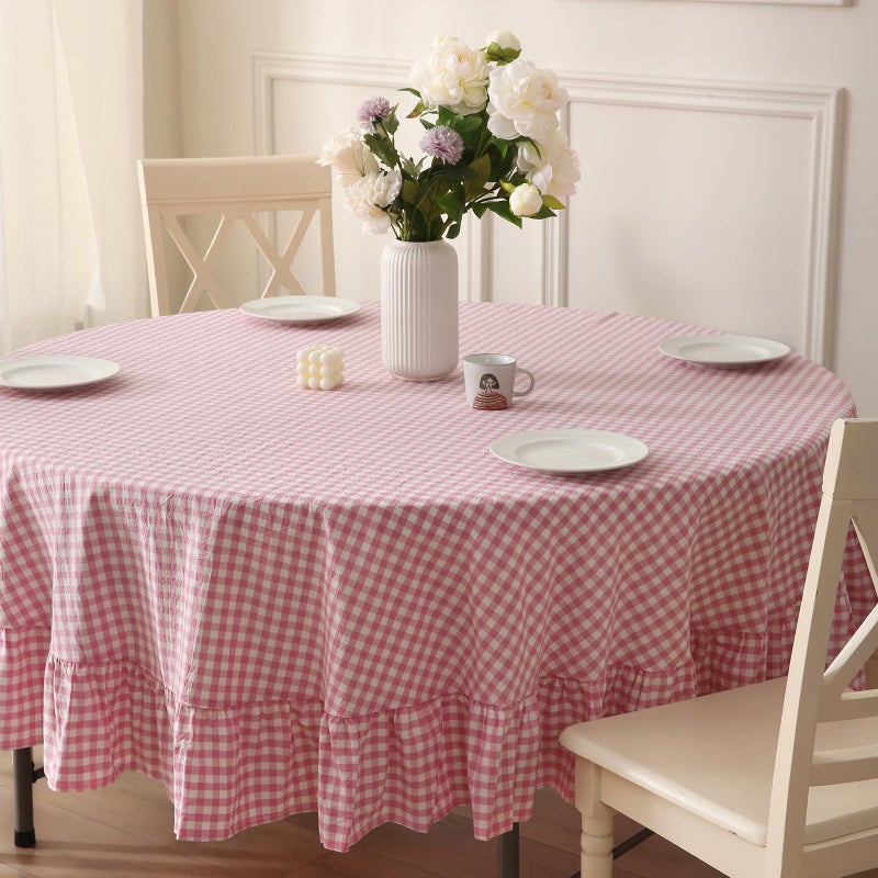 K MASANIJI 100% Cotton Pink Plaid Ruffled Table Cloth Round Cover, Dia.70 in Farmhouse Checker Gingham Vintage Decorative Tablecloth (Pink/White Plaid, Dia.70 inches) - Image 1