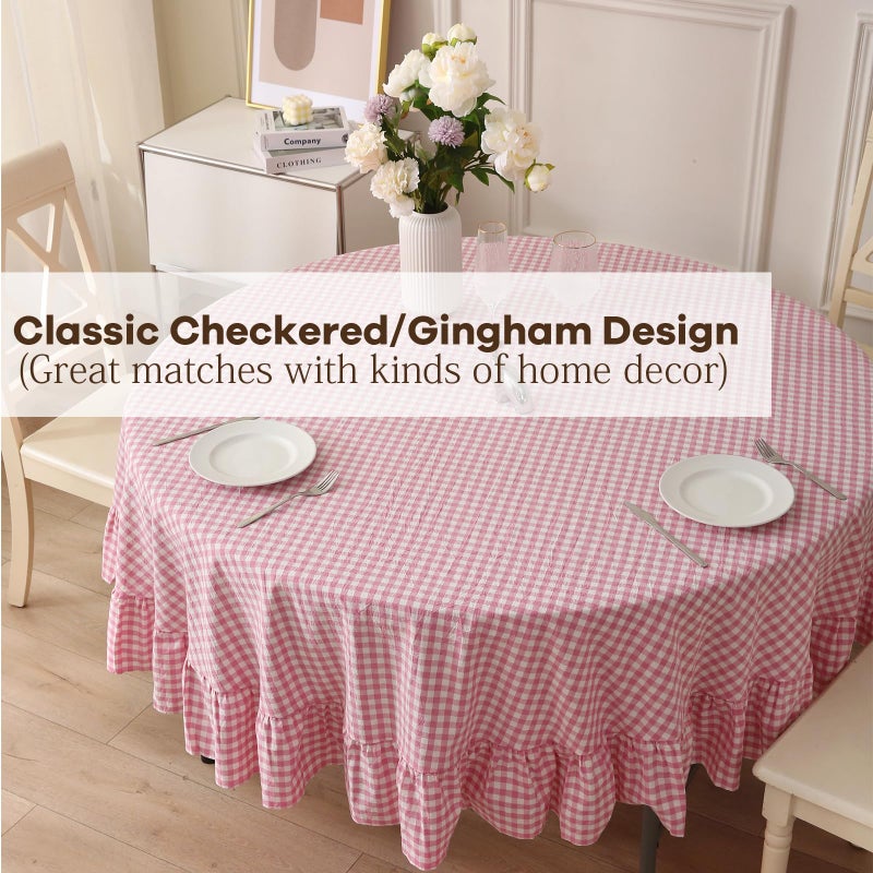 K MASANIJI 100% Cotton Pink Plaid Ruffled Table Cloth Round Cover, Dia.70 in Farmhouse Checker Gingham Vintage Decorative Tablecloth (Pink/White Plaid, Dia.70 inches) - Image 5