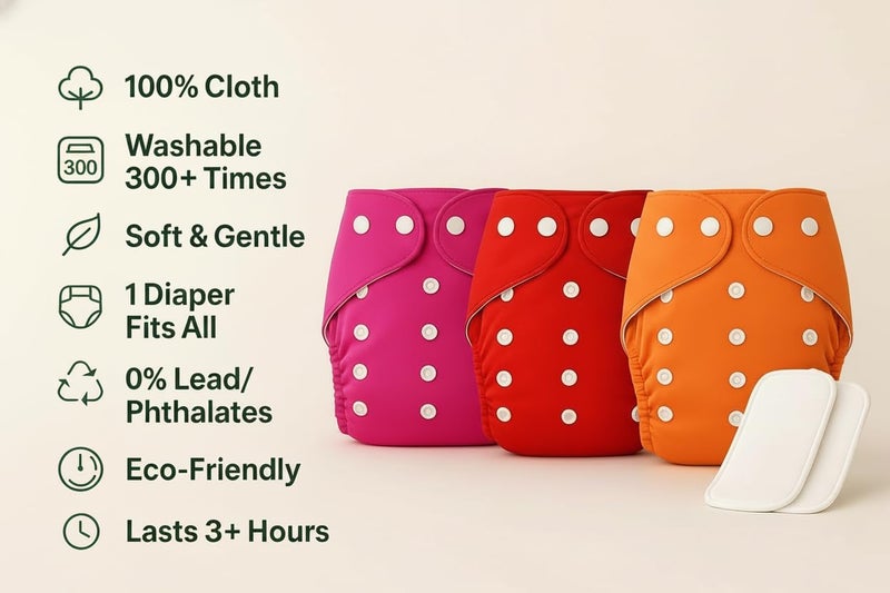 PENTOO Baby Cloth Diapers 0 to 3 Years | Side Leakage Proof Washable Reusable Diaper For New Born Baby Freesize Adjustable, Assorted 3(Pack of 3- Inserts Included) (Orange-Pink-Red) - Image 3