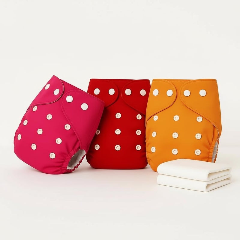 PENTOO Baby Cloth Diapers 0 to 3 Years | Side Leakage Proof Washable Reusable Diaper For New Born Baby Freesize Adjustable, Assorted 3(Pack of 3- Inserts Included) (Orange-Pink-Red) - Image 1