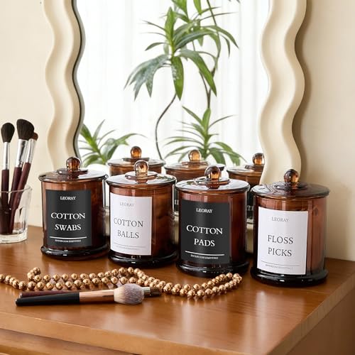 LEORAY 4 Pack Glass Qtip Holder Dispenser with Lids, Airtight Waterproof, 16 Oz Vanity Organizer Bathroom Canisters for Cotton Swabs, Balls, Pads, Floss Picks, Restroom Kitchen Storage Jars, Amber - Image 5
