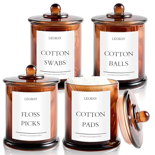LEORAY 4 Pack Glass Qtip Holder Dispenser with Lids, Airtight Waterproof, 16 Oz Vanity Organizer Bathroom Canisters for Cotton Swabs, Balls, Pads, Floss Picks, Restroom Kitchen Storage Jars, Amber - Image 1