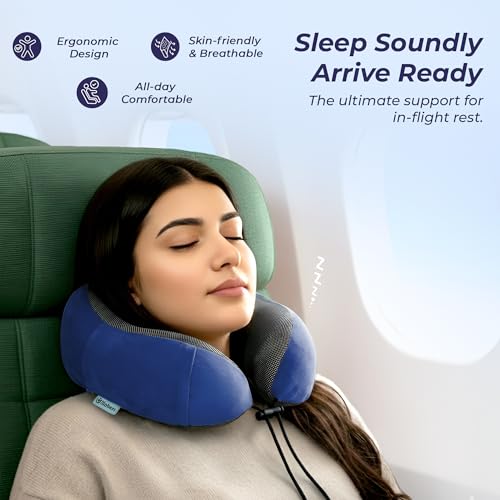 Billebon Neck Pillow for Travel – Cool-Gel Infused Memory Foam Support, U-Shape Ergonomic Design, Portable for Flight Journeys, Lightweight Compact Build, Soft Washable Cover (Navy Blue) - Image 4
