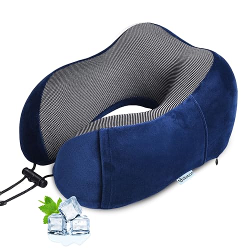 Billebon Neck Pillow for Travel – Cool-Gel Infused Memory Foam Support, U-Shape Ergonomic Design, Portable for Flight Journeys, Lightweight Compact Build, Soft Washable Cover (Navy Blue) - Image 1