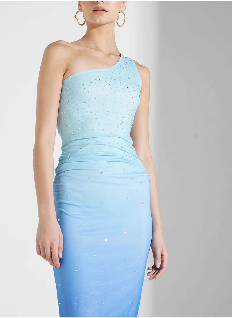 جينجر One Shoulder Diamante Detail Ombre Bodycon Dress