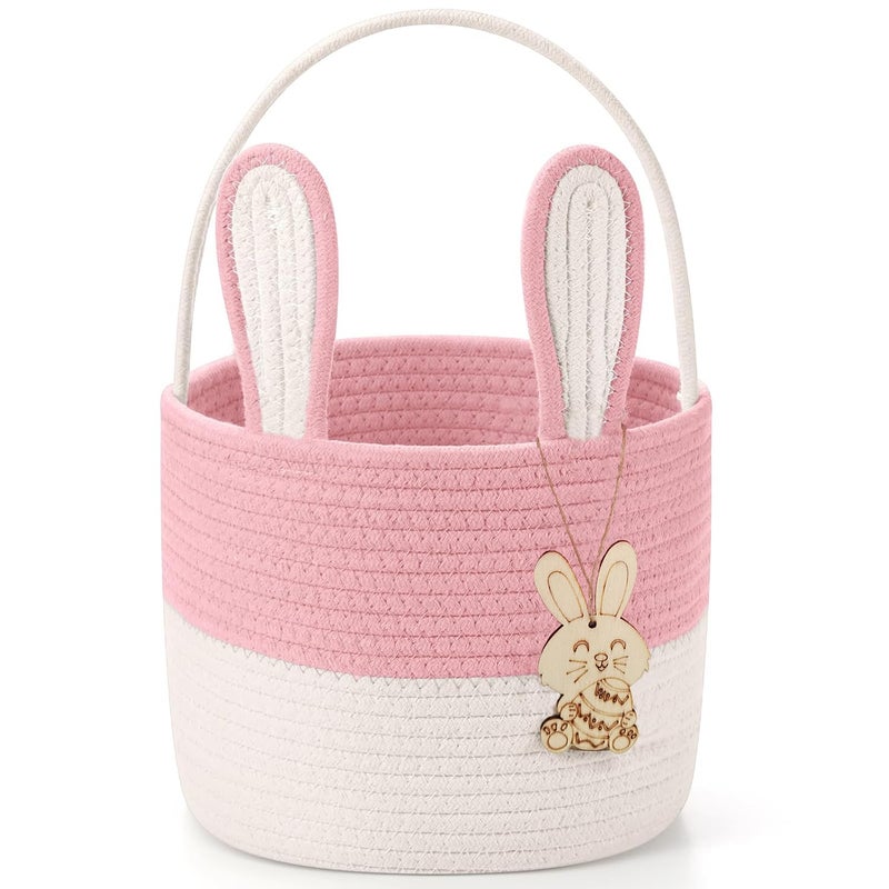 Poschnor Easter Basket for Kids, Easter Bunny Basket, Woven Cotton Rope Egg Easter Gift Baskets for Girls, Boys, Toddler, Babies, Pink - Image 1