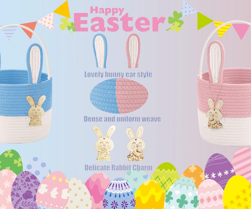 Poschnor Easter Basket for Kids, Easter Bunny Basket, Woven Cotton Rope Egg Easter Gift Baskets for Girls, Boys, Toddler, Babies, Pink - Image 3