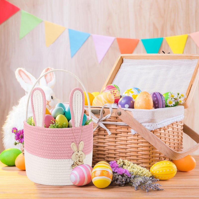 Poschnor Easter Basket for Kids, Easter Bunny Basket, Woven Cotton Rope Egg Easter Gift Baskets for Girls, Boys, Toddler, Babies, Pink - Image 4