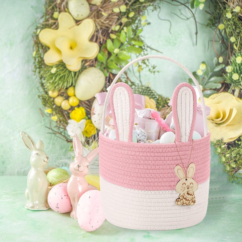 Poschnor Easter Basket for Kids, Easter Bunny Basket, Woven Cotton Rope Egg Easter Gift Baskets for Girls, Boys, Toddler, Babies, Pink - Image 2