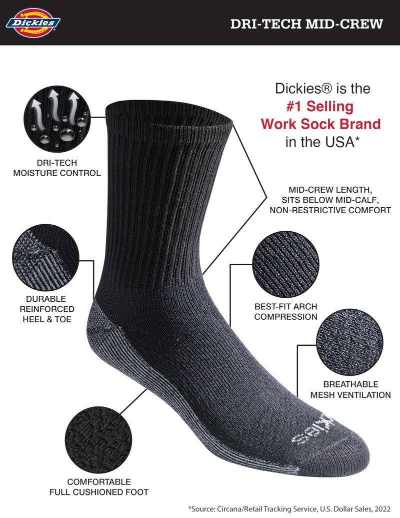 Dickies Men's Dri-Tech Mid-Crew Comfort Length Moisture Control Socks, Available in M-XL (6, 12 Pairs), Comfort Length Black (6 Pairs), Large - Image 2