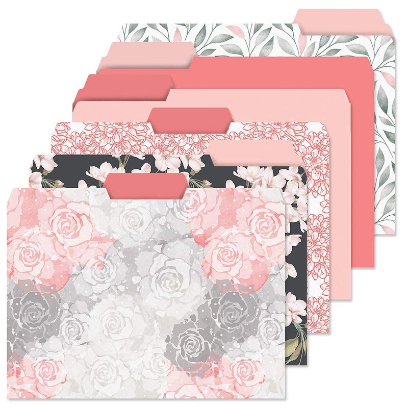 Current Charcoal & Coral File Folders Value Pack - Bulk Set of 24, 6 Pretty Decorative Designs, 1/3 Cut Tabs, Heavy-Duty Paper Stock, Office Supplies for Home & Work, 9-Â½â€ x 11-Â¾â€ Letter Size - Image 1