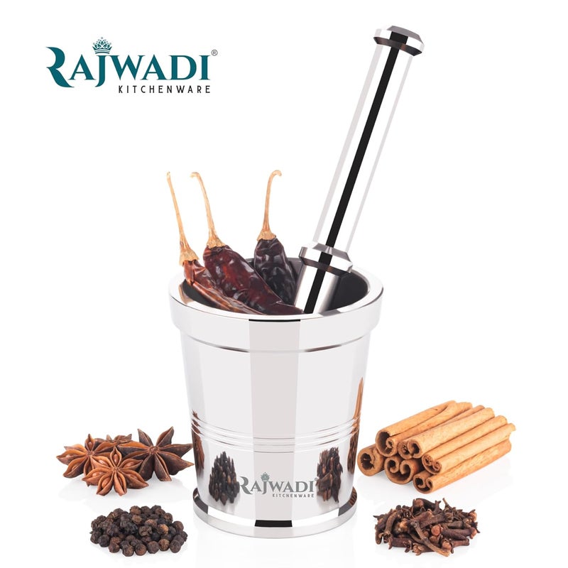 RAJWADI طقم مدقة وهاون من الفولاذ المقاوم للصدأ الثقيل راجوادى خلاط توابل خلبطة أوكلي موسال خال إمام داتا للمطبخ 595x103 مم 1530 جرام - Image 3