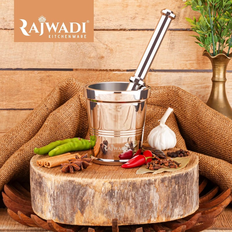 RAJWADI طقم مدقة وهاون من الفولاذ المقاوم للصدأ الثقيل راجوادى خلاط توابل خلبطة أوكلي موسال خال إمام داتا للمطبخ 595x103 مم 1530 جرام - Image 4
