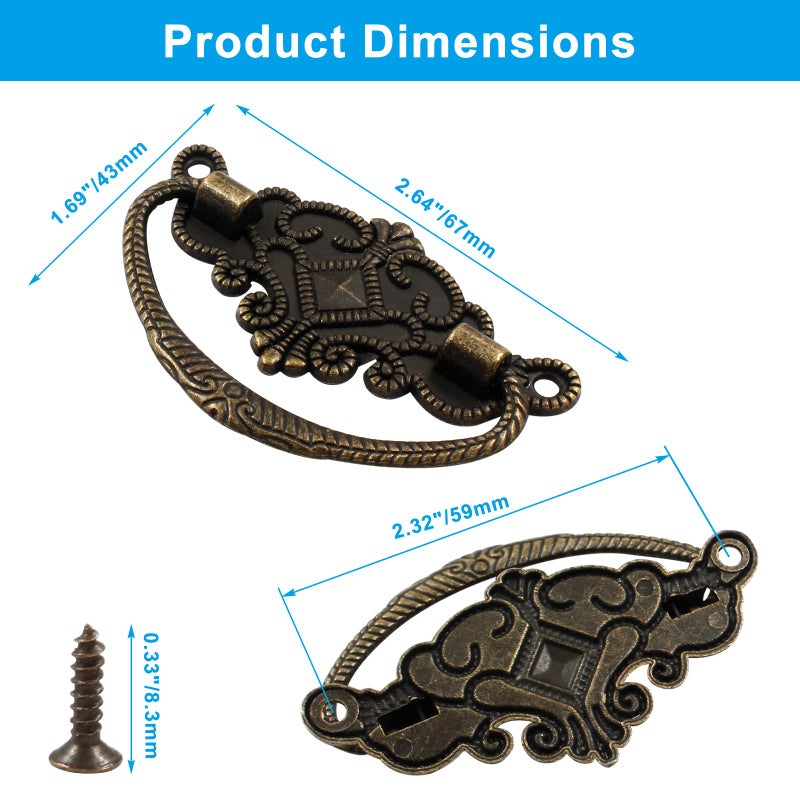 Rierdge 6-Pack Vintage Antique Bronze Pull Handle - for Retro Drawer Jewelry Box Kitchen Cabinet Furniture Hardware, 2.64" x 1.69" - Image 2