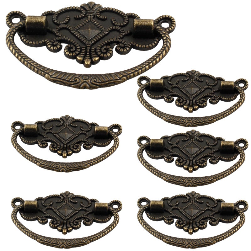 Rierdge 6-Pack Vintage Antique Bronze Pull Handle - for Retro Drawer Jewelry Box Kitchen Cabinet Furniture Hardware, 2.64" x 1.69" - Image 1