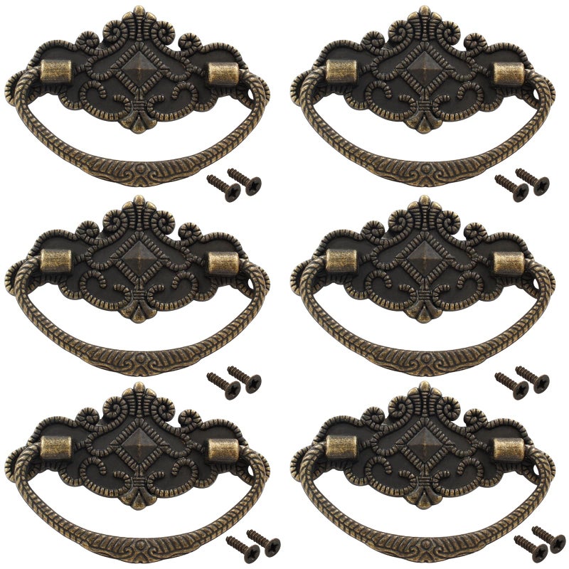 Rierdge 6-Pack Vintage Antique Bronze Pull Handle - for Retro Drawer Jewelry Box Kitchen Cabinet Furniture Hardware, 2.64" x 1.69" - Image 5