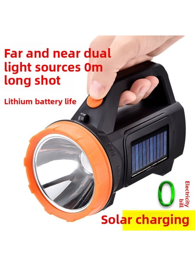 Searchlight Solar Rechargeable Flashlight Outdoor Lighting High-power Strong Light Portable Emergency Light-Color:Solar Portable Lamp Charging + Charger + Box  - Image 1