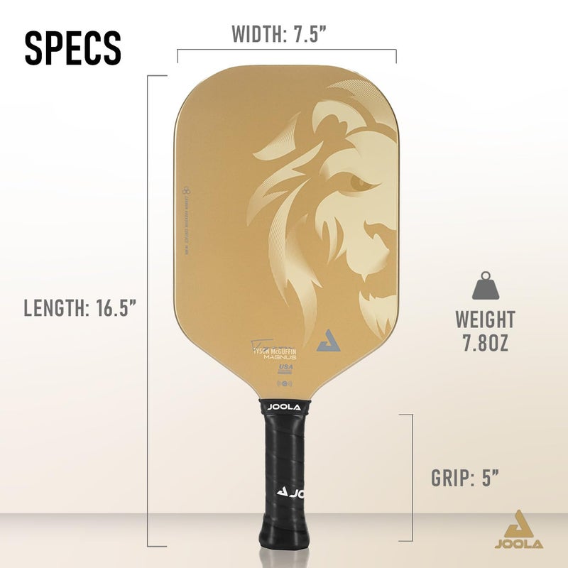 JOOLA Magnus CAS 14mm Pickleball Paddle - Gold Tyson McGuffin Lion Paddle - Edgeless Design & Short Handle - Lightweight Double Frame Carbon Fiber Core - Extra Long Length - Carbon Surface Adds Spin - Image 3