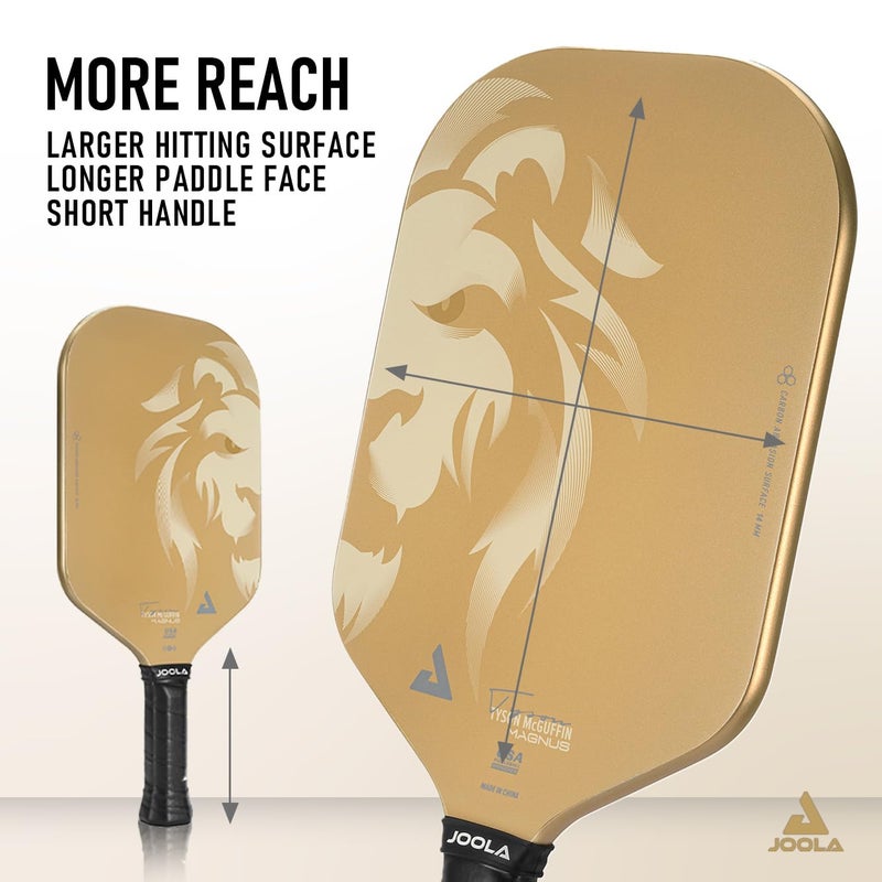 JOOLA Magnus CAS 14mm Pickleball Paddle - Gold Tyson McGuffin Lion Paddle - Edgeless Design & Short Handle - Lightweight Double Frame Carbon Fiber Core - Extra Long Length - Carbon Surface Adds Spin - Image 4
