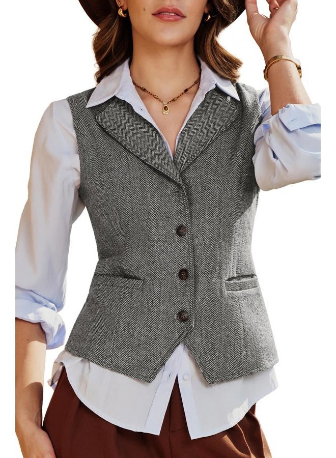 ELLEVEN Women's Herringbone Tweed Lapel Waistcoat Business Casual Sleeveless Blazers Suit Vests with Adjustable Back, Black, M - Image 1