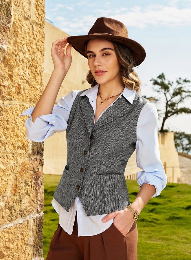 ELLEVEN Women's Herringbone Tweed Lapel Waistcoat Business Casual Sleeveless Blazers Suit Vests with Adjustable Back, Black, M - Image 2