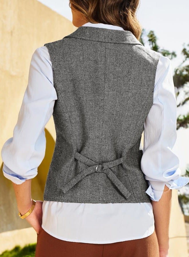ELLEVEN Women's Herringbone Tweed Lapel Waistcoat Business Casual Sleeveless Blazers Suit Vests with Adjustable Back, Black, M - Image 3
