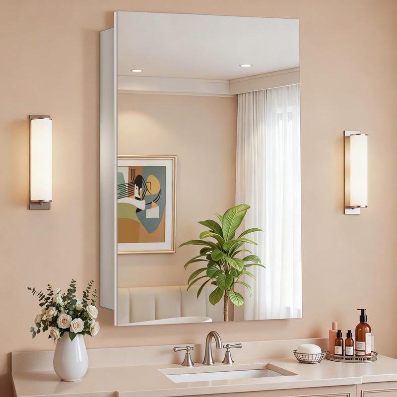 Antok 16x25 Inch Medicine Cabinet with Mirror, Wall Mounted Bathroom Mirror Cabinet, Wooden Medicine Cabinet Mirror, Recessed or Surface, White - Image 1