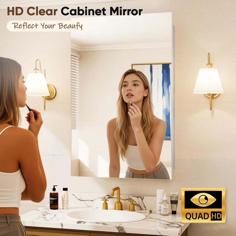 Antok 16x25 Inch Medicine Cabinet with Mirror, Wall Mounted Bathroom Mirror Cabinet, Wooden Medicine Cabinet Mirror, Recessed or Surface, White - Image 2