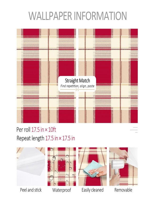 ReWallpaper ورق حائط ReWallpaper أحمر منقوش بنقشة الجاموس، ورق حائط مقاوم للماء بتصميم مربعات عتيقة، مناسب للخزائن وغرف المعيشة وغرف النوم والمدفأة، مقاس 17.5 بوصة × 10 أقدام - Image 5