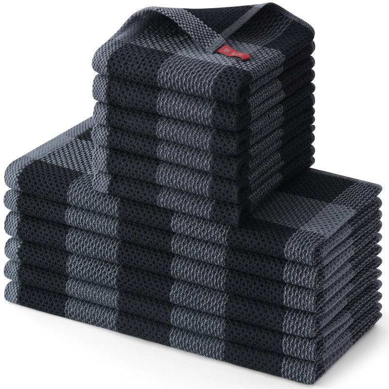 Homaxy Kitchen Towels and Dishcloths Set 12 x 12 and 13 x 28 Inches Set of 12 100 Cotton Waffle Weave Check Plaid Kitchen Dish Towels Super Soft and Absorbent Dish Cloths Black Grey - Image 2