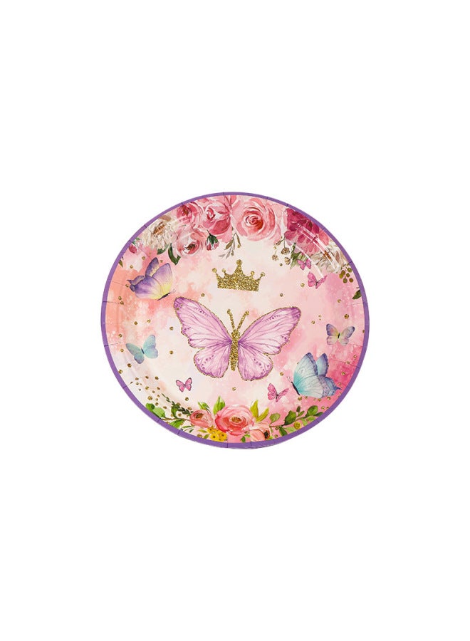 Butterfly Theme Party Disposable Tableware Paper Tray Suit Children's Birthday Flag-pulling Disposable Paper Tray Paper Cup Paper Towel-Color:8.6inch X Paper Plate 3 - Image 1