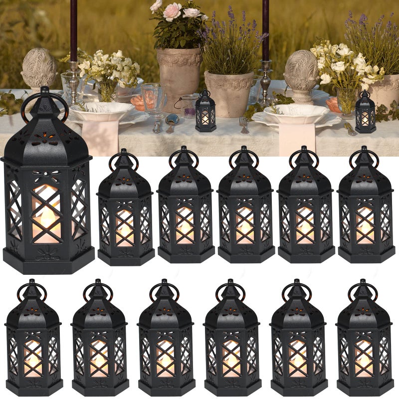 LLQ 12Pcs Mini Lantern with LED Candle, Small Black Lanterns Decorative for Halloween Decorations, Christmas Table Centerpiece, Flickering Candle Holders for Diwali Wedding Medieval Decor, Ornaments - Image 1