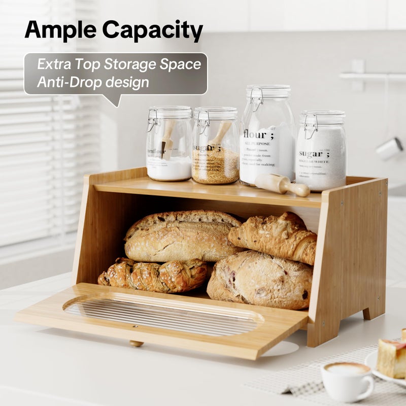 Stylstoreazy Bamboo Bread Box for Kitchen Countertop,Large Capacity Kitchen Countertop Organizer,Bread Storage with Acrylic Window for Cabinet,Pantry,Cupboard - Image 2